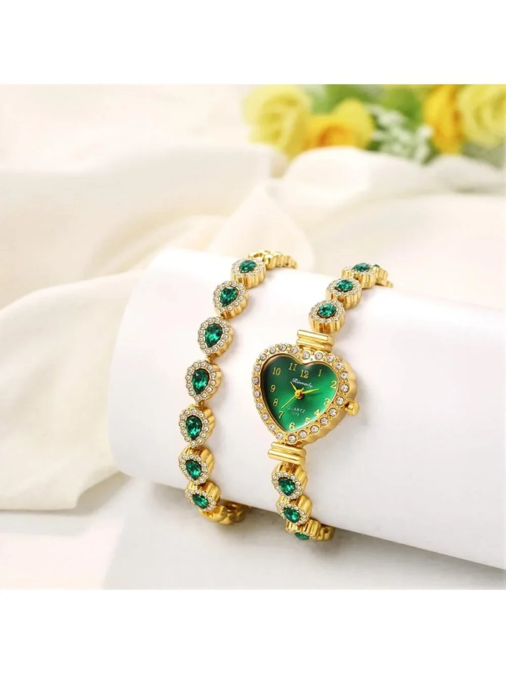 Women's Green Heart Dial Bracelet Set Birthstone Crystal Quartz Display Watches